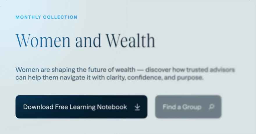 Member dashboard card for the Women and Wealth monthly collection, with Download Free Learning Notebook and Find a Group buttons