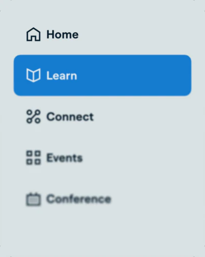 Member dashboard side menu listing Home, Learn, Connect, Events and Conference, with Learn highlighted